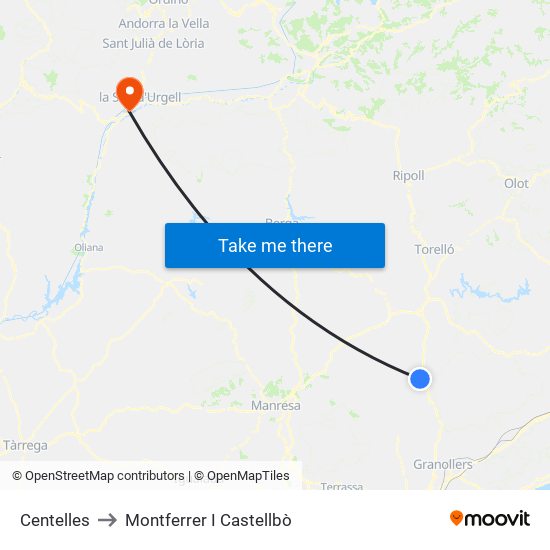 Centelles to Montferrer I Castellbò map