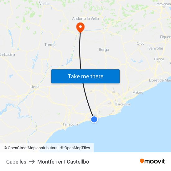 Cubelles to Montferrer I Castellbò map