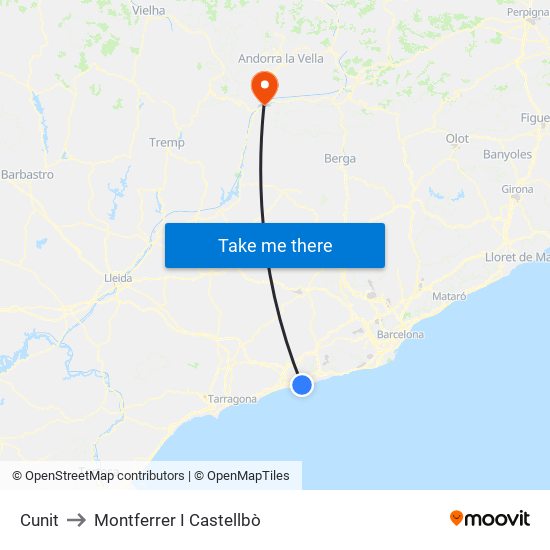 Cunit to Montferrer I Castellbò map