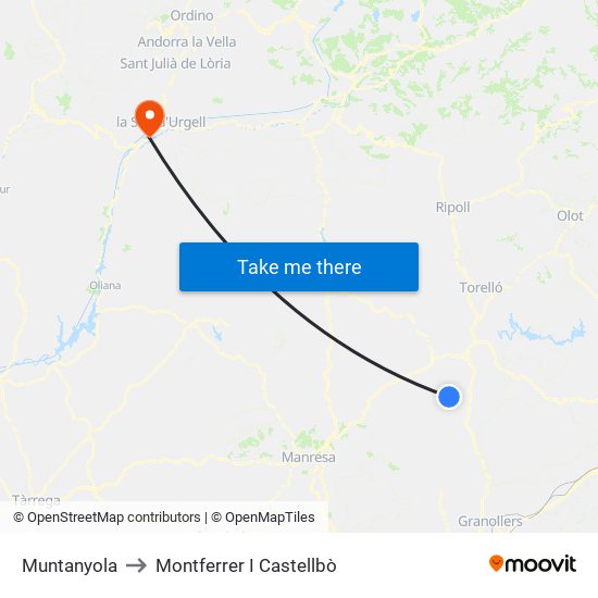 Muntanyola to Montferrer I Castellbò map