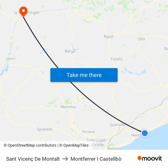 Sant Vicenç De Montalt to Montferrer I Castellbò map