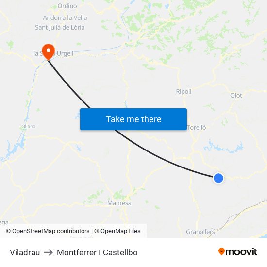 Viladrau to Montferrer I Castellbò map