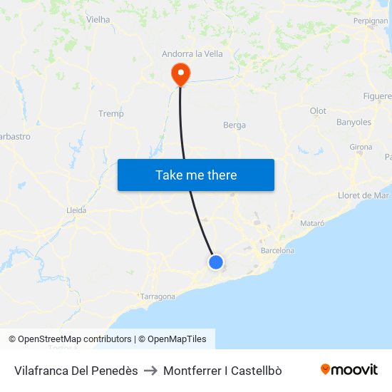 Vilafranca Del Penedès to Montferrer I Castellbò map