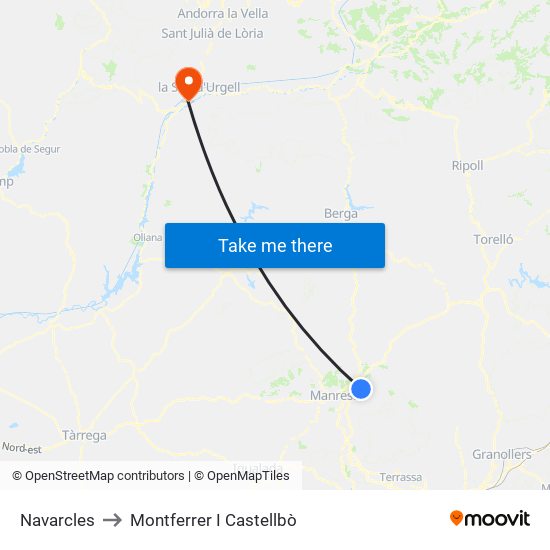 Navarcles to Montferrer I Castellbò map