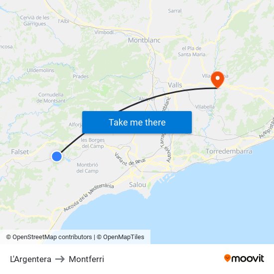 L'Argentera to Montferri map