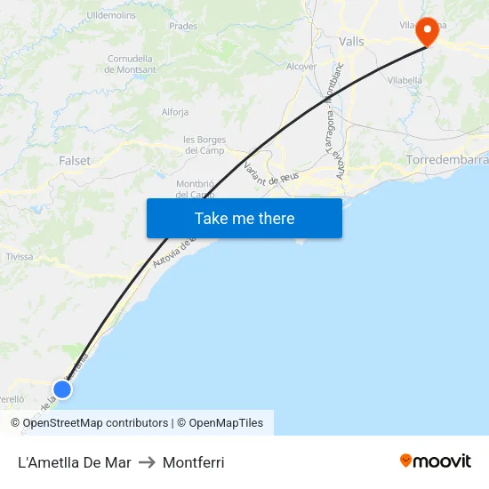 L'Ametlla De Mar to Montferri map