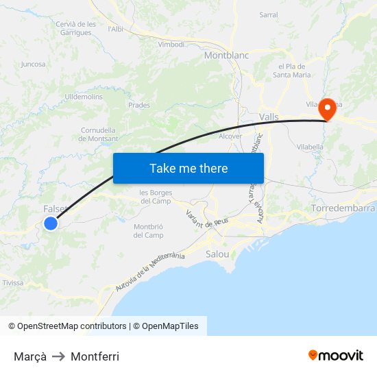 Marçà to Montferri map