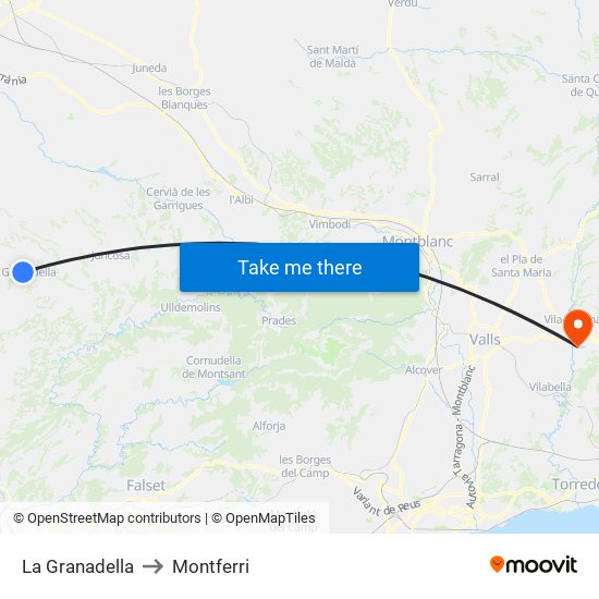 La Granadella to Montferri map