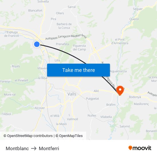 Montblanc to Montferri map