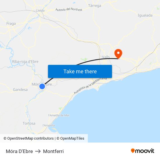 Móra D'Ebre to Montferri map