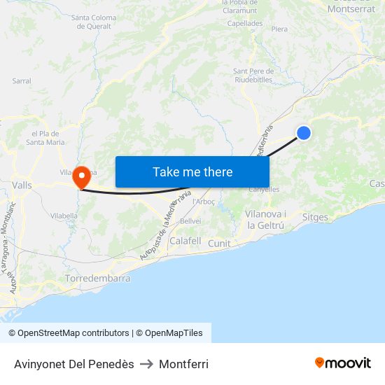 Avinyonet Del Penedès to Montferri map