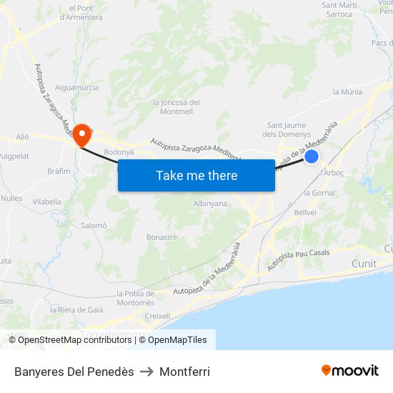 Banyeres Del Penedès to Montferri map