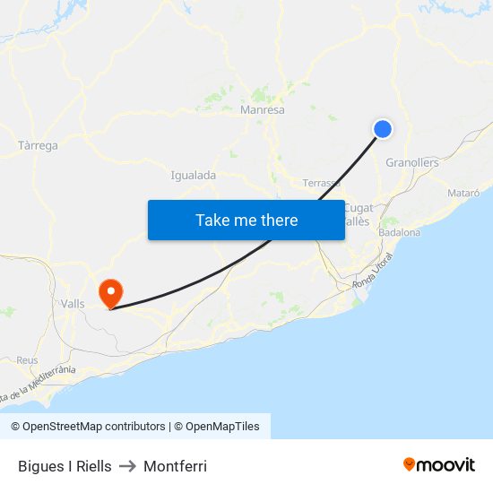 Bigues I Riells to Montferri map