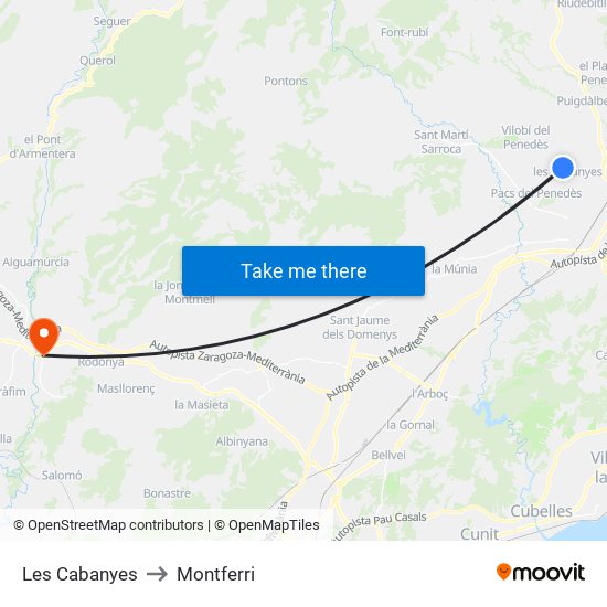 Les Cabanyes to Montferri map