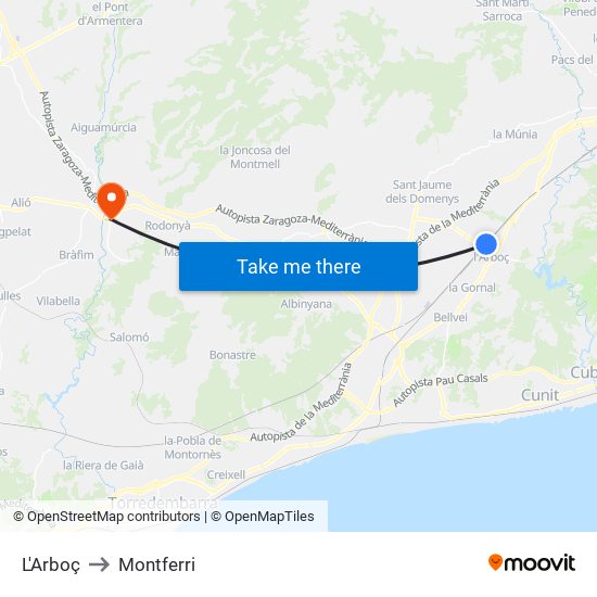 L'Arboç to Montferri map