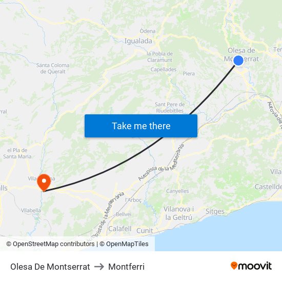 Olesa De Montserrat to Montferri map