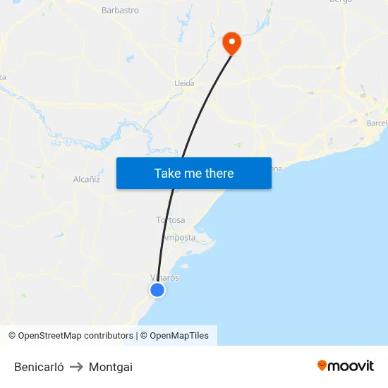 Benicarló to Montgai map