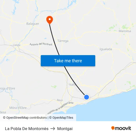 La Pobla De Montornès to Montgai map