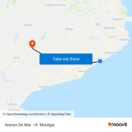 Arenys De Mar to Montgai map
