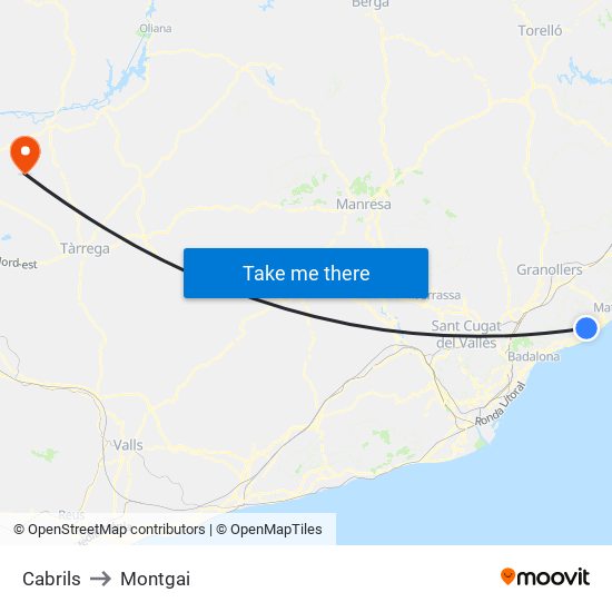 Cabrils to Montgai map