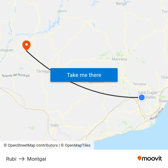 Rubí to Montgai map