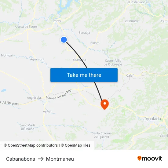 Cabanabona to Montmaneu map