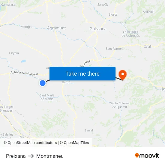 Preixana to Montmaneu map