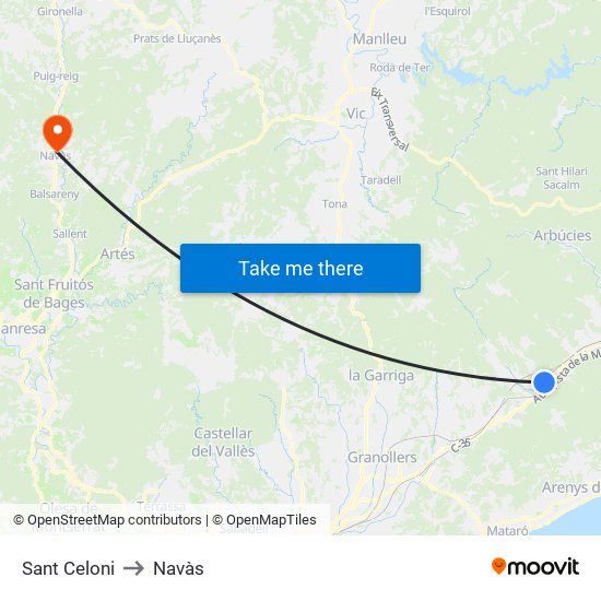 Sant Celoni to Navàs map