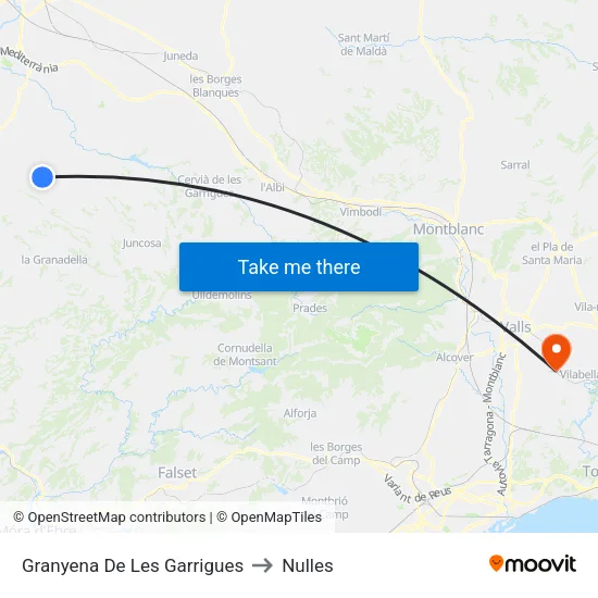Granyena De Les Garrigues to Nulles map
