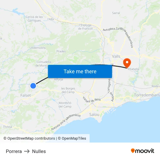 Porrera to Nulles map