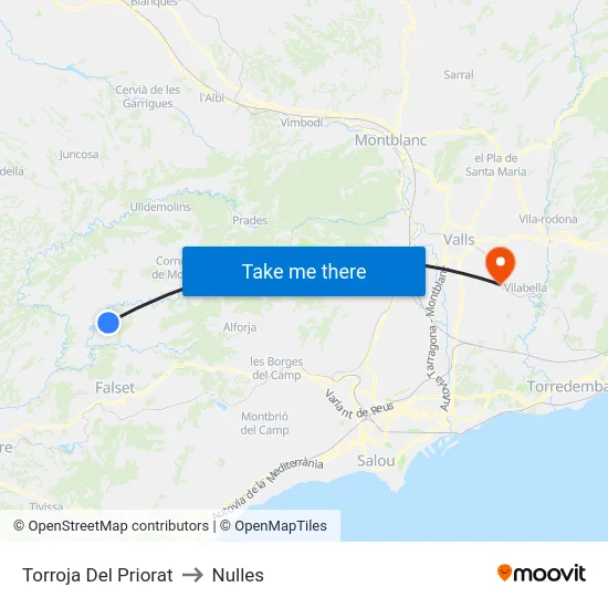 Torroja Del Priorat to Nulles map