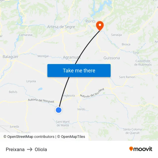 Preixana to Oliola map