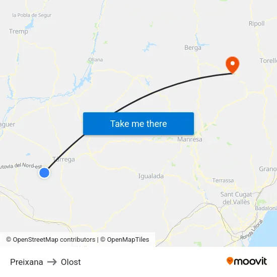 Preixana to Olost map