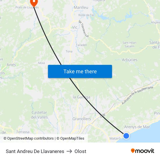 Sant Andreu De Llavaneres to Olost map