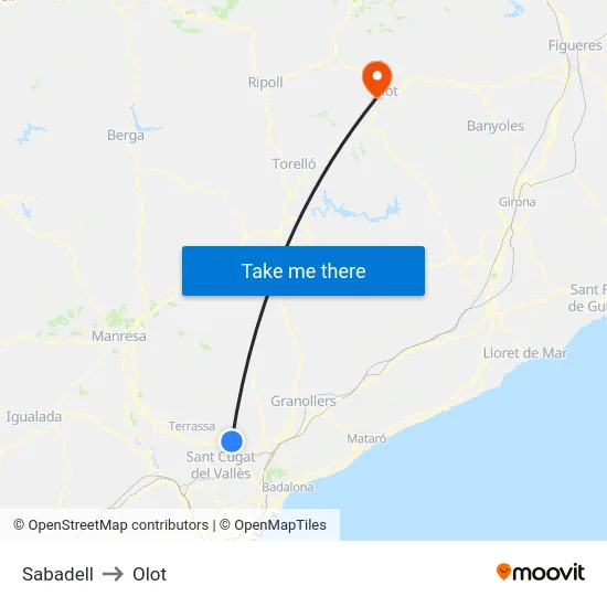 Sabadell to Olot map