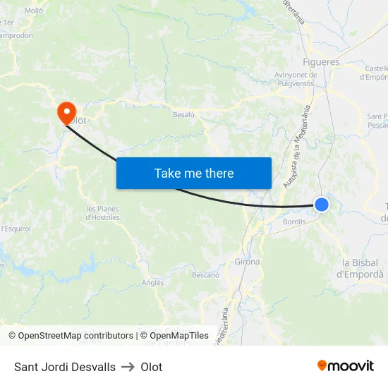 Sant Jordi Desvalls to Olot map