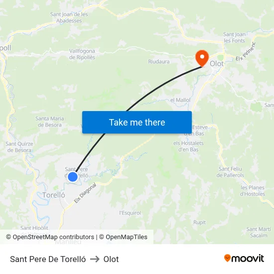 Sant Pere De Torelló to Olot map
