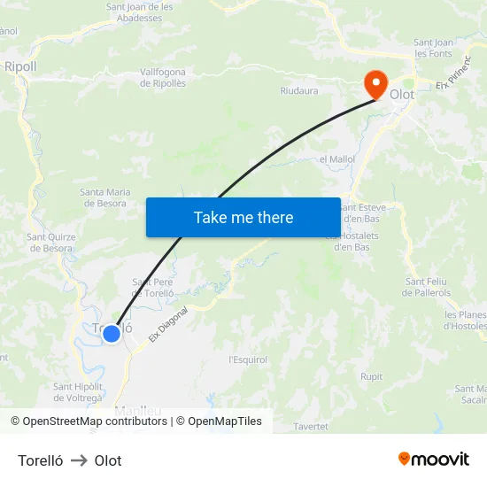 Torelló to Olot map