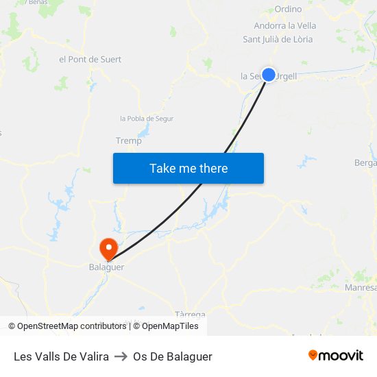 Les Valls De Valira to Os De Balaguer map