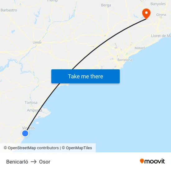 Benicarló to Osor map