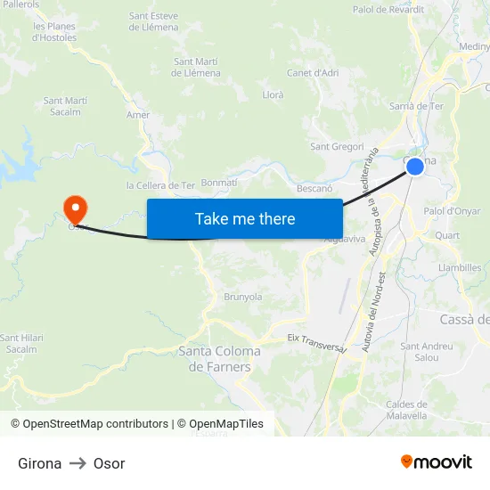 Girona to Osor map