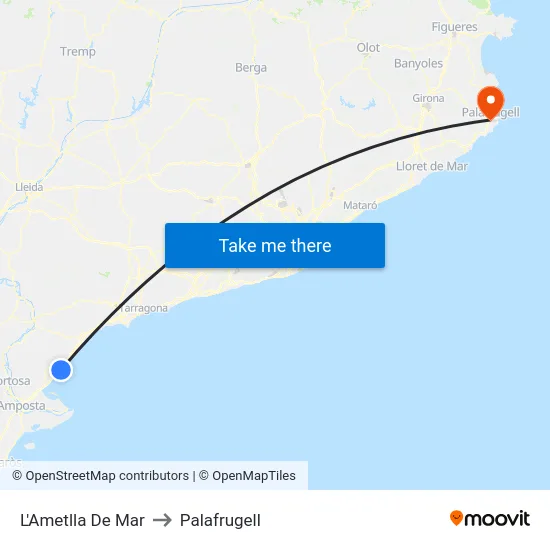 L'Ametlla De Mar to Palafrugell map