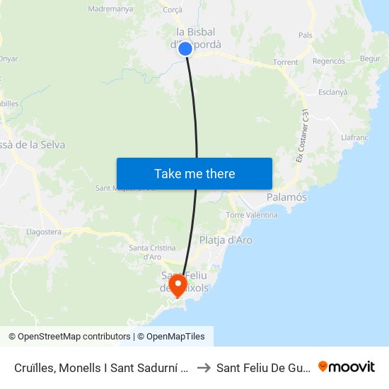 Cruïlles, Monells I Sant Sadurní De L'He to Sant Feliu De Guíxols map
