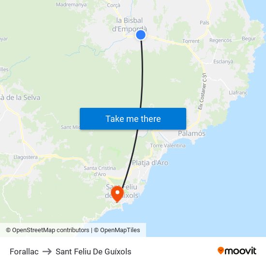 Forallac to Sant Feliu De Guíxols map