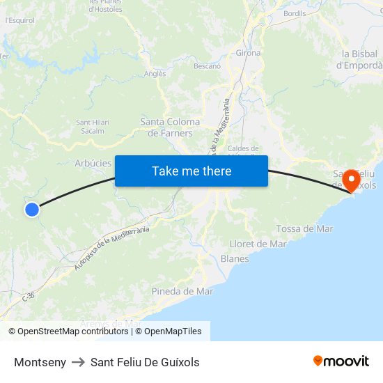Montseny to Sant Feliu De Guíxols map