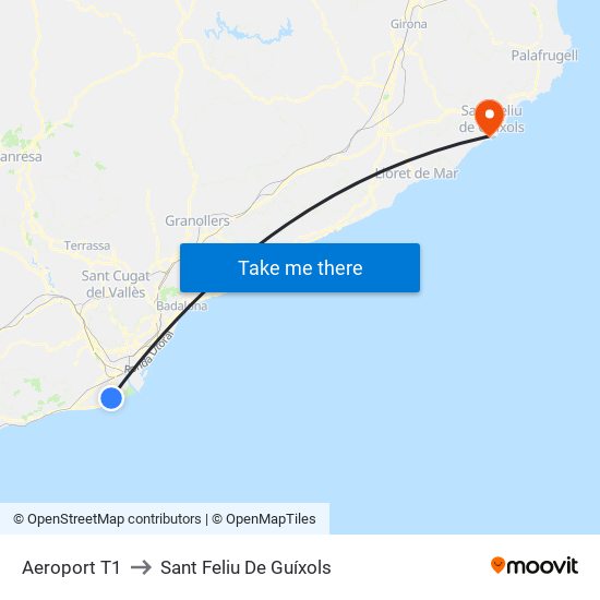 Aeroport T1 to Sant Feliu De Guíxols map