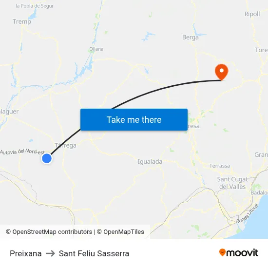 Preixana to Sant Feliu Sasserra map