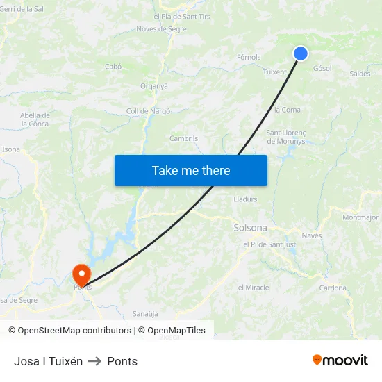 Josa I Tuixén to Ponts map