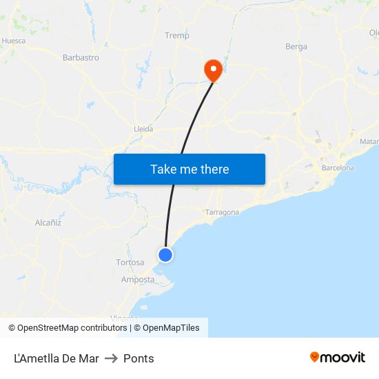 L'Ametlla De Mar to Ponts map