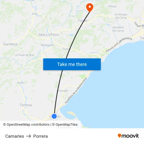 Camarles to Porrera map
